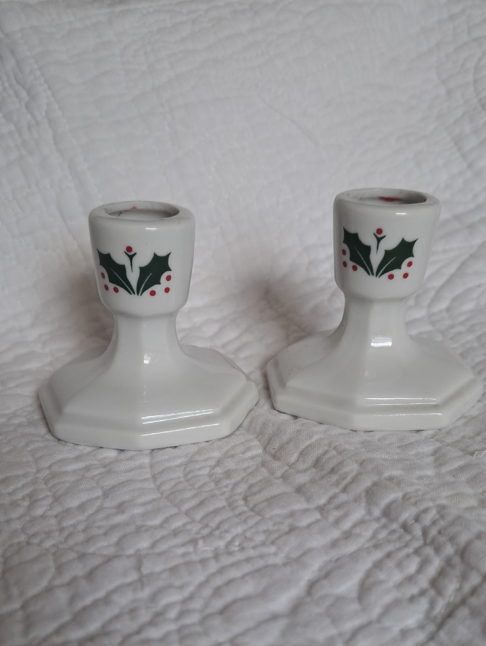 Lenox White Holly Berry Pattern Ceramic Taper Candlestick Holders - Set of 2